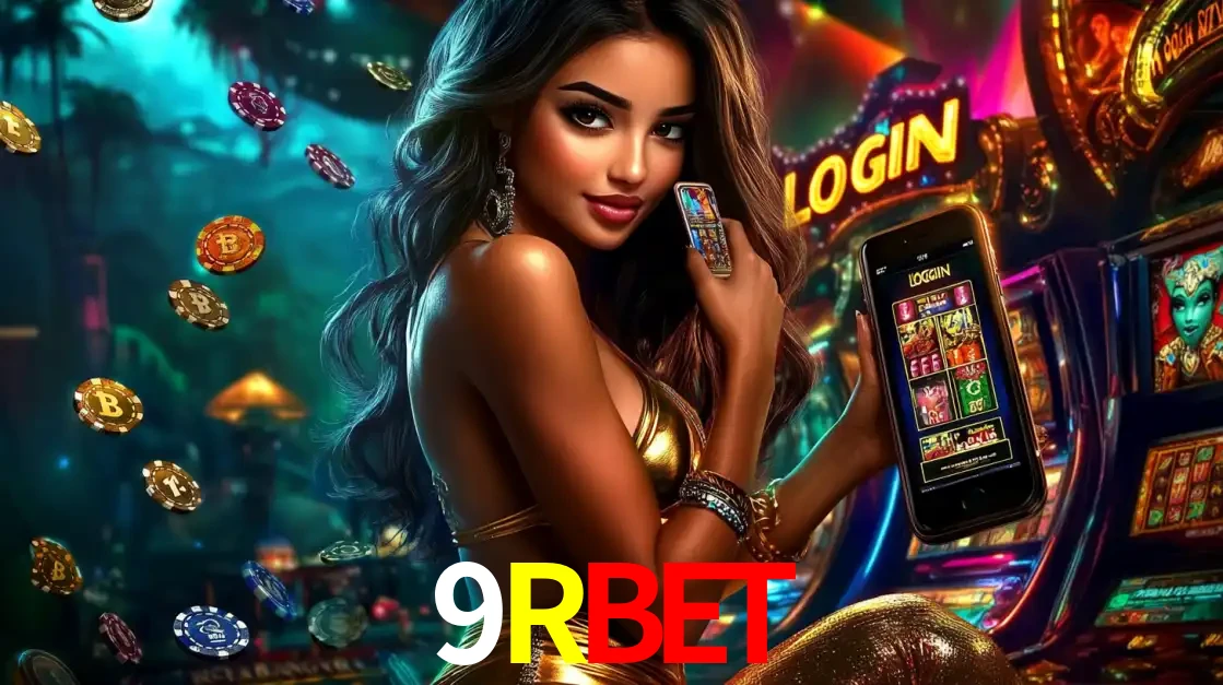 Mulher em um cenário de cassino temático de aventura, mostrando o app de caça-níqueis da 9RBET no celular. Fichas de apostas flutuam ao redor.