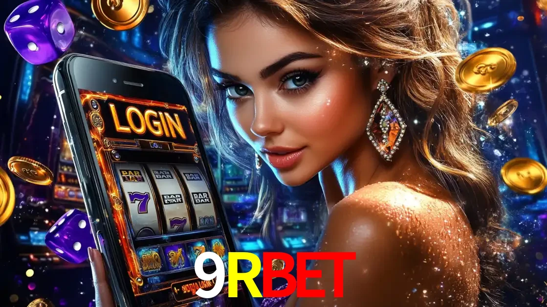 Mulher glamorosa segurando um smartphone com a tela de login para os jogos de caça-níqueis do cassino online 9RBET, com moedas de ouro e dados ao redor.
