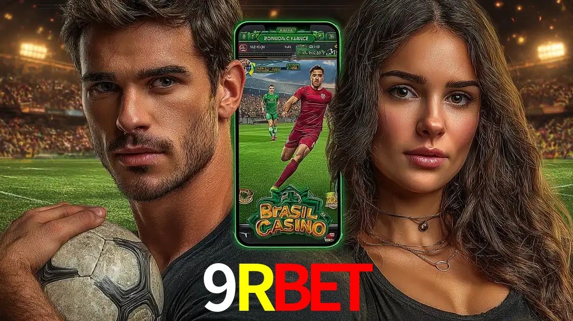 Homem segurando uma bola de futebol e uma mulher ao lado de um smartphone exibindo o jogo de apostas esportivas da 9RBET. Faça seu palpite no cassino online.